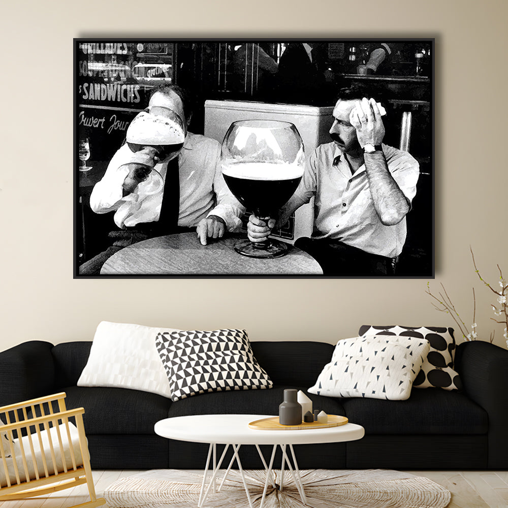 Men Drinking Giant Beer, Black and White, Cocktail Wall Art, Funny Kitchen Print, Floating Framed Canvas Print