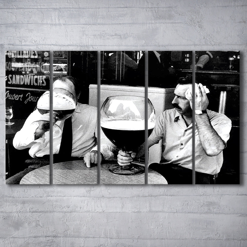 Men Drinking Giant Beer, Black and White, Cocktail Wall Art, Funny Kitchen Print, 5 Pieces Large Canvas Print
