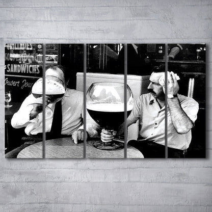 Men Drinking Giant Beer, Black and White, Cocktail Wall Art, Funny Kitchen Print, 5 Pieces Large Canvas Print