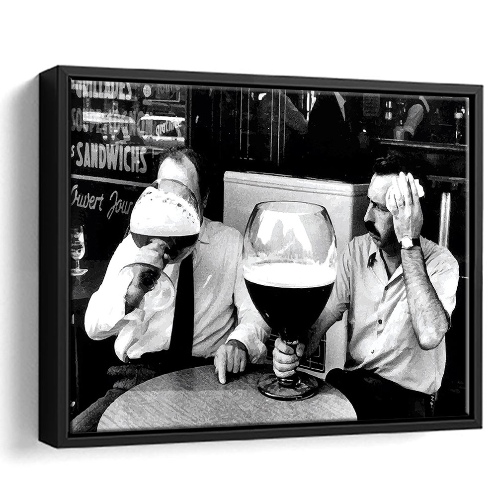 Men Drinking Giant Beer, Black and White, Cocktail Wall Art, Funny Kitchen Print, Floating Framed Canvas Print