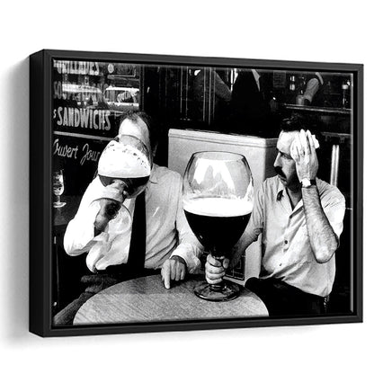 Men Drinking Giant Beer, Black and White, Cocktail Wall Art, Funny Kitchen Print, Floating Framed Canvas Print
