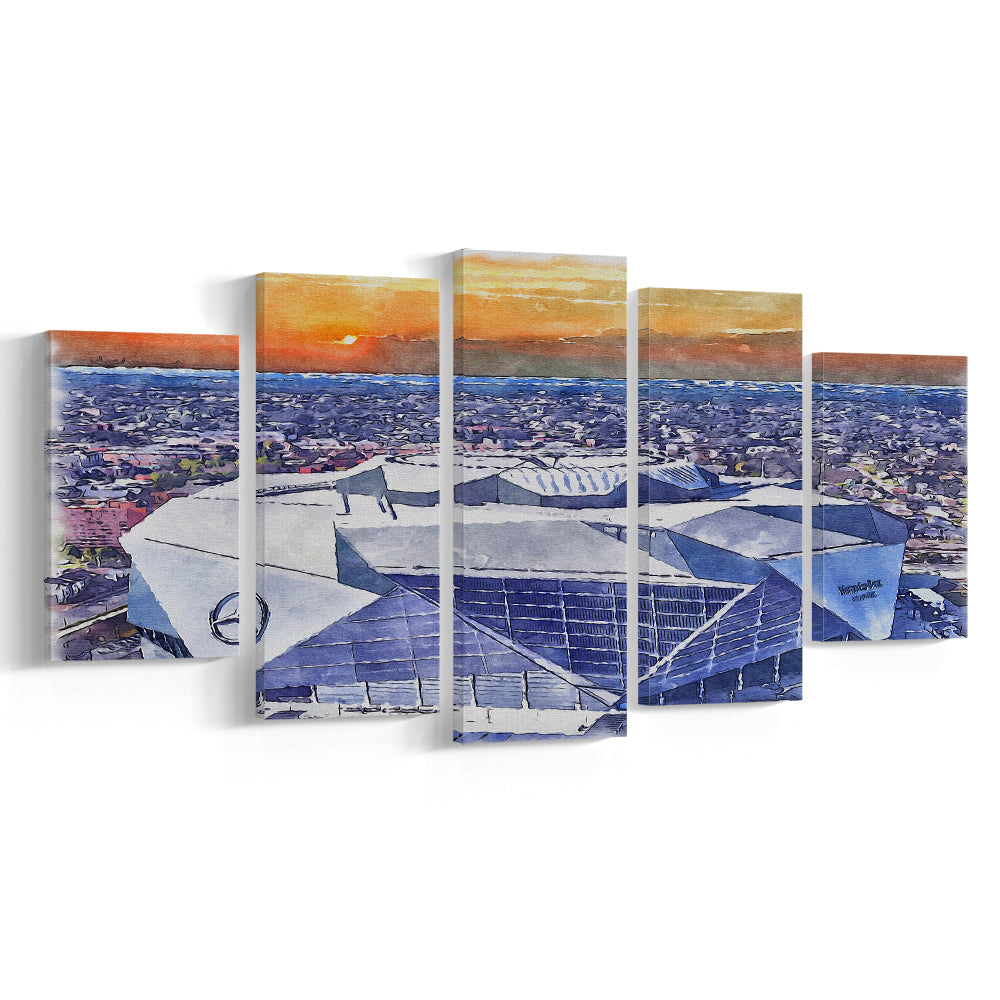 Mercedes-Benz Painting Stadium Watercolor, Atlanta Georgia Watercolor, Sport Art, Mixed 5 Panel, Canvas Print Wall Art