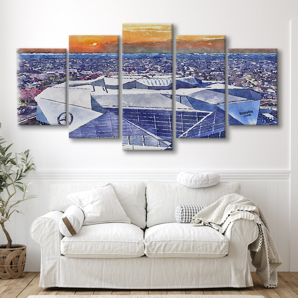Mercedes-Benz Painting Stadium Watercolor, Atlanta Georgia Watercolor, Sport Art, Mixed 5 Panel, Canvas Print Wall Art