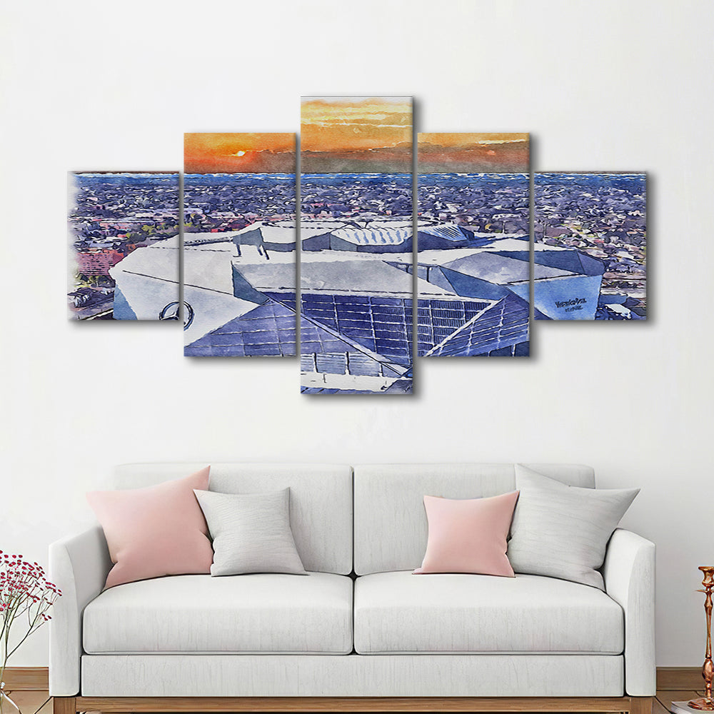 Mercedes-Benz Painting Stadium Watercolor, Atlanta Georgia Watercolor, Sport Art, Mixed 5 Panel, Canvas Print Wall Art