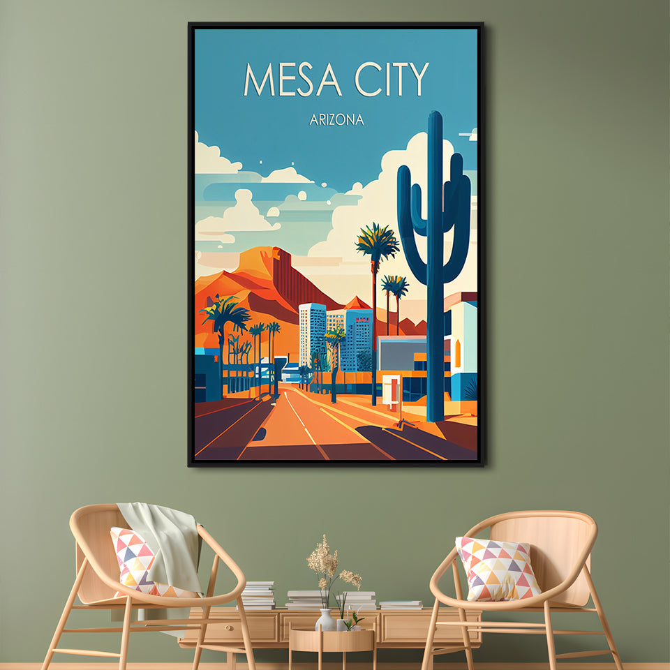 Mesa City Arizona Retro Art Print, Mesa City City Wall Art, Floating Framed Canvas Print, Framed Picture, Painting Canvas
