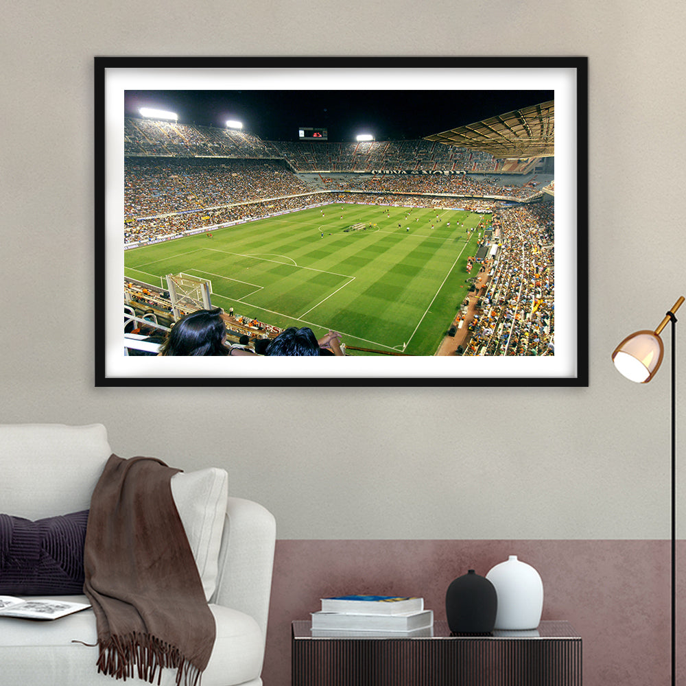 Mestalla Stadium, Stadium Canvas, Sport Art, Gift for him, White Border Framed Art Print Wall Decor