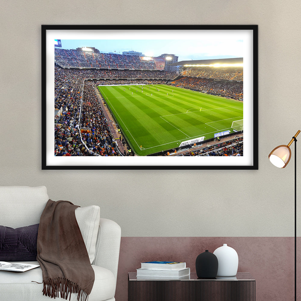 Mestalla Stadium in Valencia, Stadium Canvas, Sport Art, Gift for him, White Border Framed Art Print Wall Decor