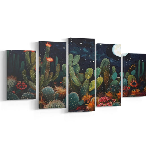 Mexican Cactus Night Over Sonoran Desert At Night Pueblo Style, 5 Panel Mixed Canvas Print Wall Art, Large Canvas
