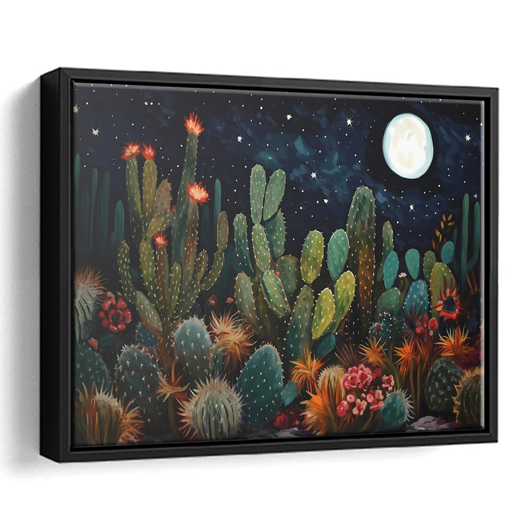 Mexican Cactus Night Over Sonoran Desert At Night Pueblo Style, Framed Canvas Print Wall Art, Floating Frame