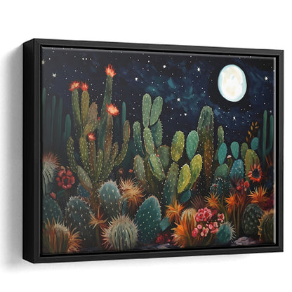 Mexican Cactus Night Over Sonoran Desert At Night Pueblo Style, Framed Canvas Print Wall Art, Floating Frame