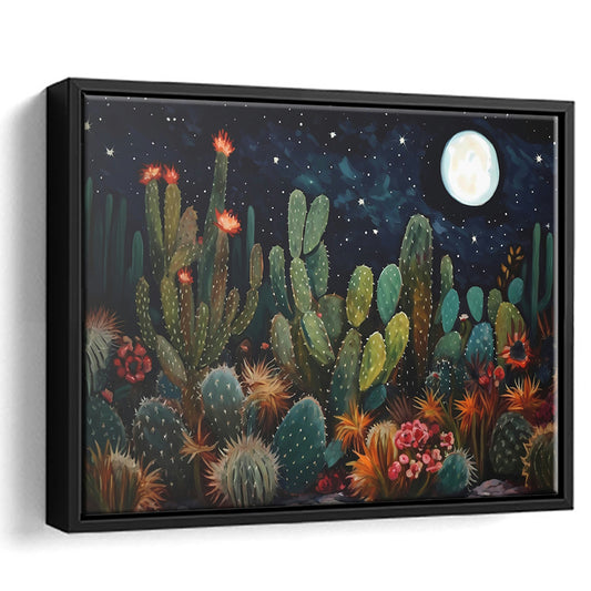 Mexican Cactus Night Over Sonoran Desert At Night Pueblo Style, Framed Canvas Print Wall Art, Floating Frame