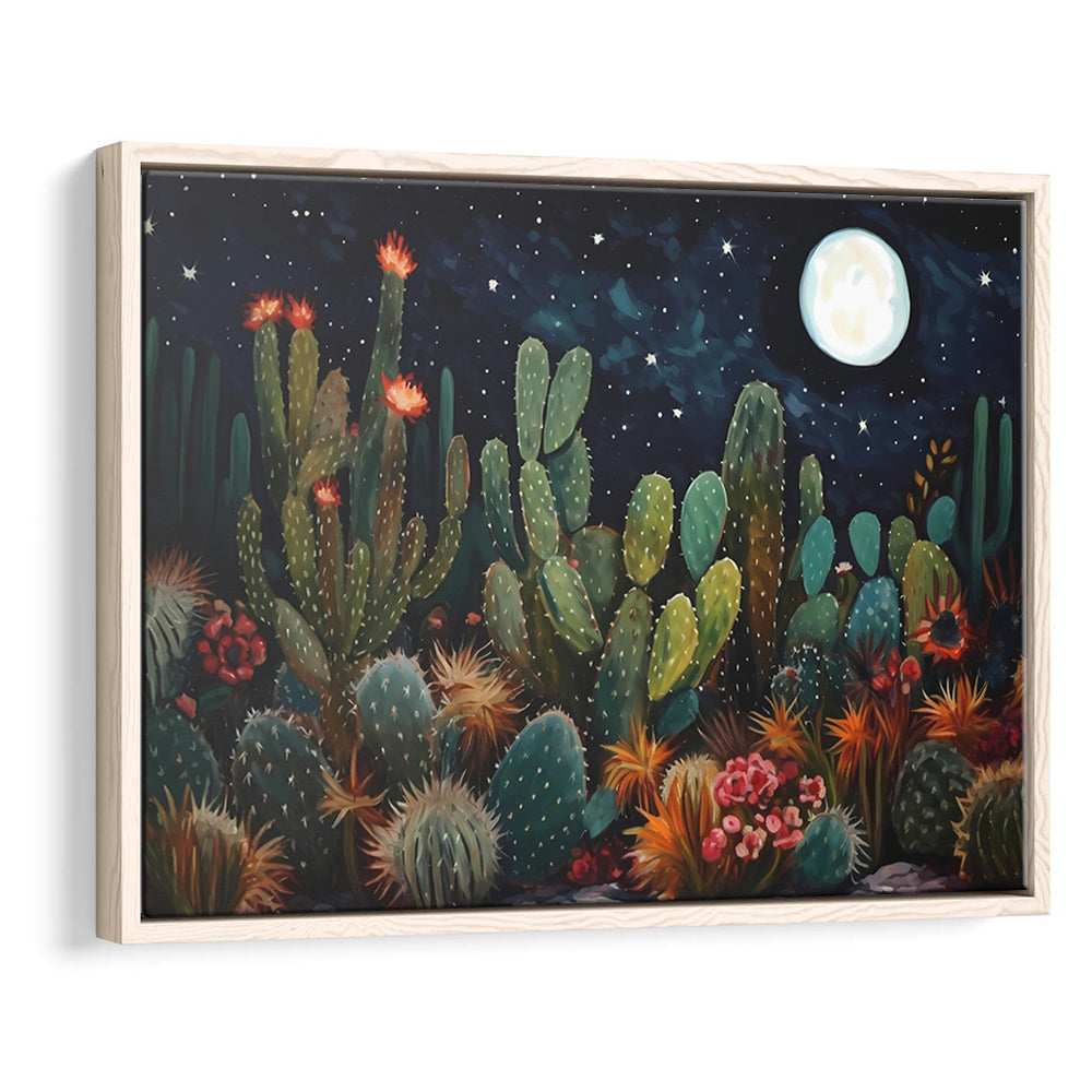 Mexican Cactus Night Over Sonoran Desert At Night Pueblo Style, Framed Canvas Print Wall Art, Floating Frame
