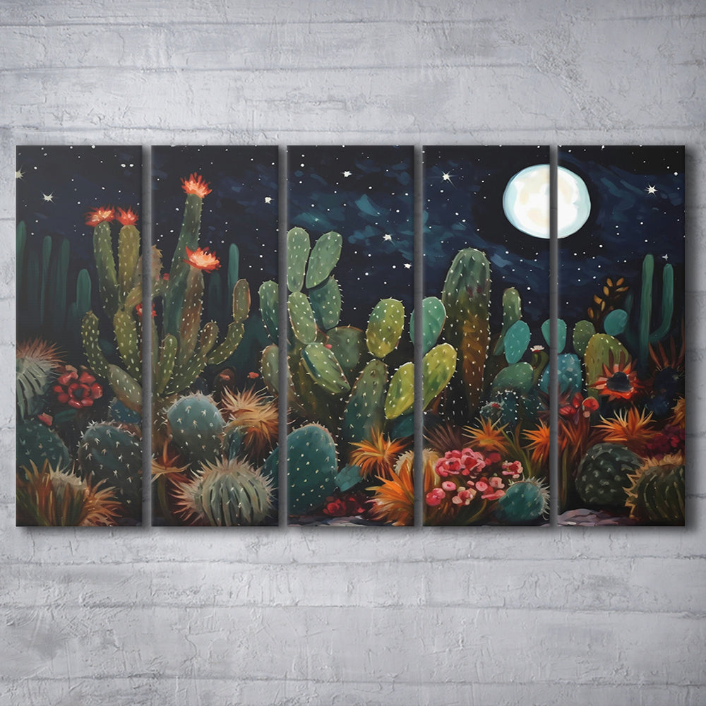 Mexican Cactus Night Over Sonoran Desert At Night Pueblo Style, 5 Panel B Canvas Print Wall Art, Extra Large Canvas