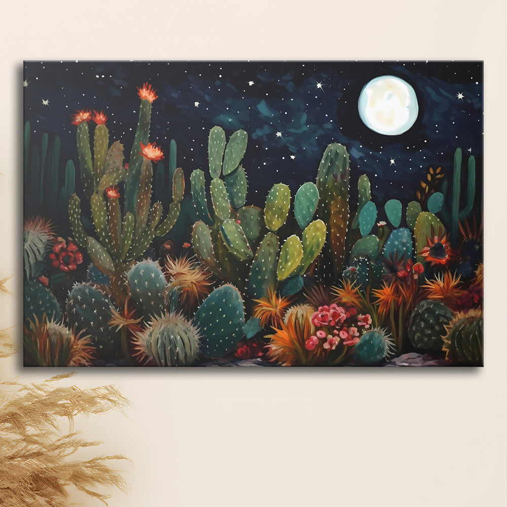 Mexican Cactus Night Over Sonoran Desert At Night Pueblo Style, Canvas Print Wall Art, Wall Decor, Painting Canvas