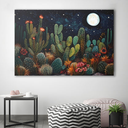 Mexican Cactus Night Over Sonoran Desert At Night Pueblo Style, Canvas Print Wall Art, Wall Decor, Painting Canvas