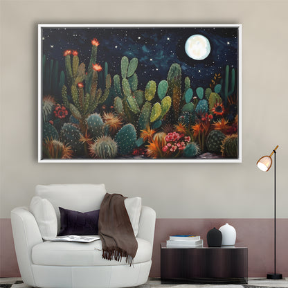 Mexican Cactus Night Over Sonoran Desert At Night Pueblo Style, Framed Canvas Print Wall Art, Floating Frame
