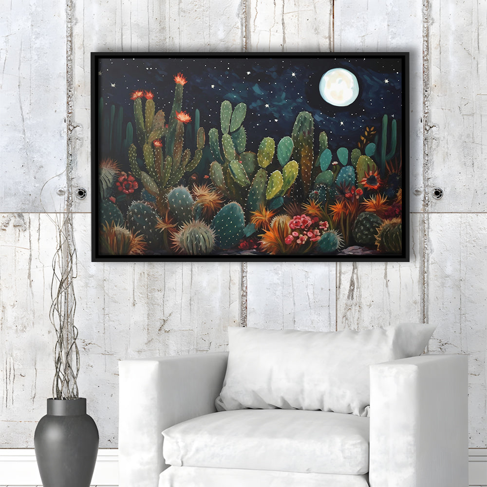 Mexican Cactus Night Over Sonoran Desert At Night Pueblo Style, Framed Canvas Print Wall Art, Floating Frame
