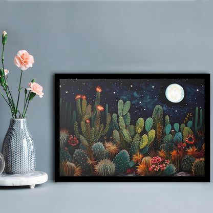 Mexican Cactus Night Over Sonoran Desert At Night Pueblo Style, Framed Art Print Wall Decor, Picture Framed