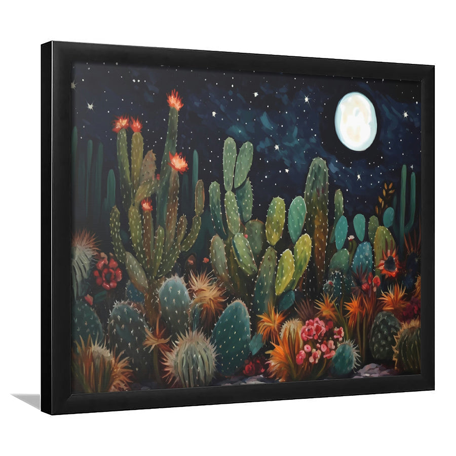 Mexican Cactus Night Over Sonoran Desert At Night Pueblo Style, Framed Art Print Wall Decor, Picture Framed