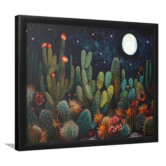 Mexican Cactus Night Over Sonoran Desert At Night Pueblo Style, Framed Art Print Wall Decor, Picture Framed