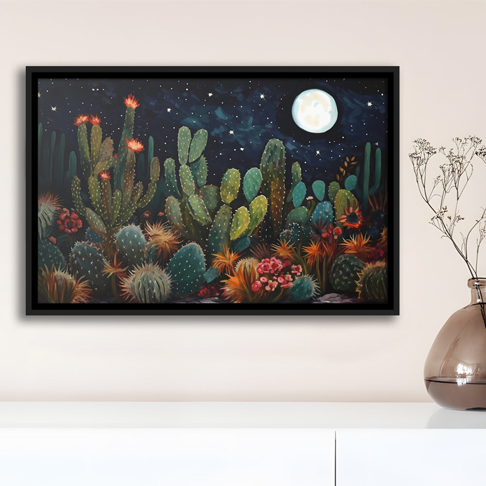 Mexican Cactus Night Over Sonoran Desert At Night Pueblo Style, Framed Canvas Print Wall Art, Floating Frame