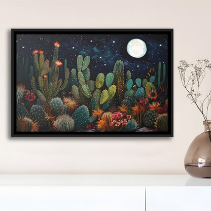 Mexican Cactus Night Over Sonoran Desert At Night Pueblo Style, Framed Canvas Print Wall Art, Floating Frame