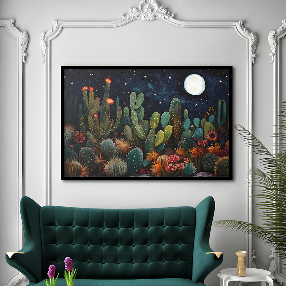 Mexican Cactus Night Over Sonoran Desert At Night Pueblo Style, Framed Art Print Wall Decor, Picture Framed