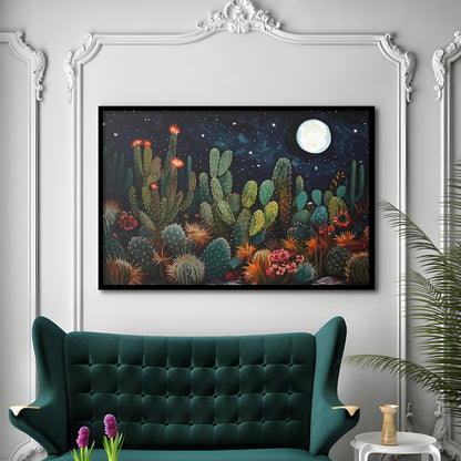 Mexican Cactus Night Over Sonoran Desert At Night Pueblo Style, Framed Art Print Wall Decor, Picture Framed