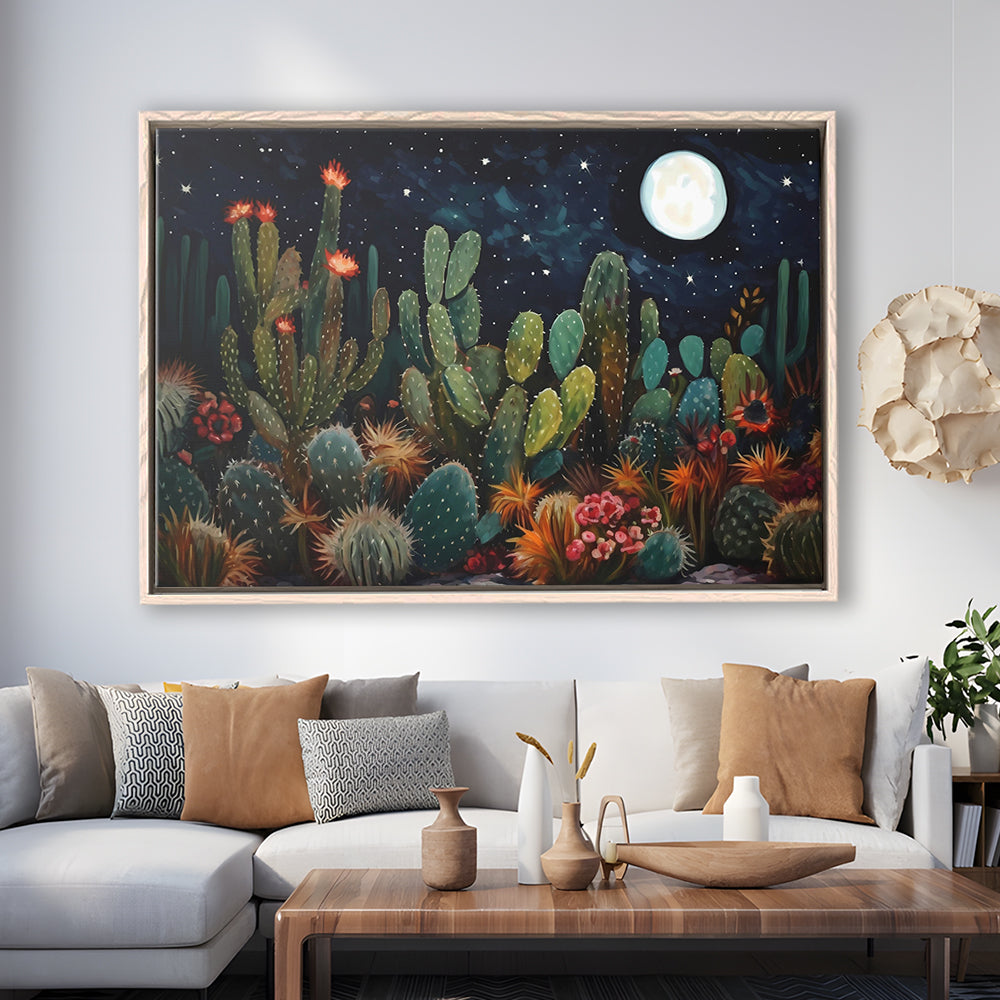 Mexican Cactus Night Over Sonoran Desert At Night Pueblo Style, Framed Canvas Print Wall Art, Floating Frame