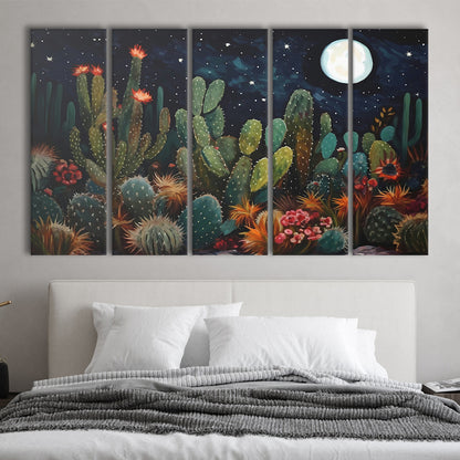 Mexican Cactus Night Over Sonoran Desert At Night Pueblo Style, 5 Panel B Canvas Print Wall Art, Extra Large Canvas