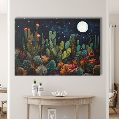 Mexican Cactus Night Over Sonoran Desert At Night Pueblo Style, Canvas Print Wall Art, Wall Decor, Painting Canvas
