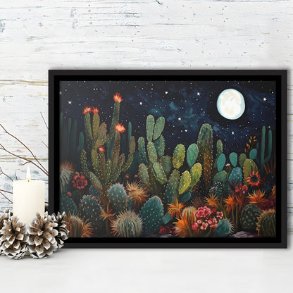 Mexican Cactus Night Over Sonoran Desert At Night Pueblo Style, Framed Canvas Print Wall Art, Floating Frame