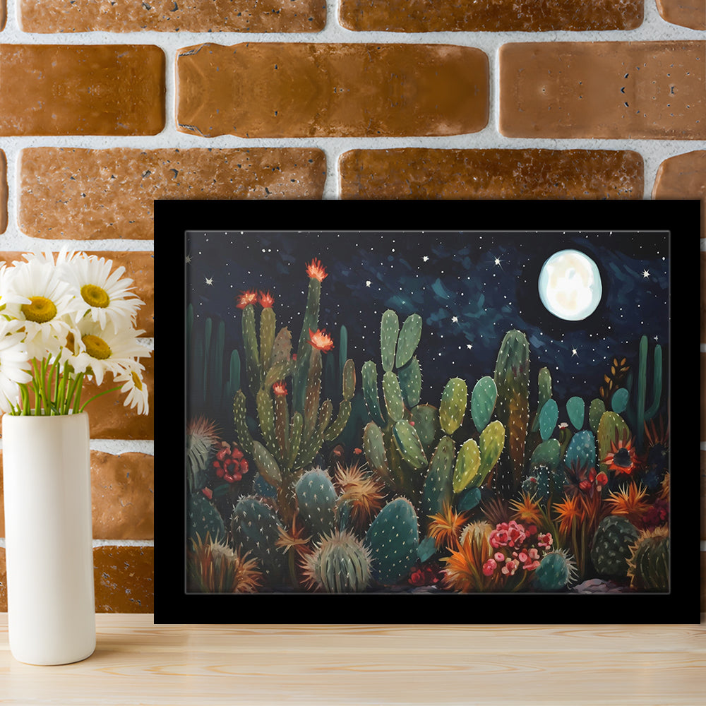Mexican Cactus Night Over Sonoran Desert At Night Pueblo Style, Framed Art Print Wall Decor, Picture Framed