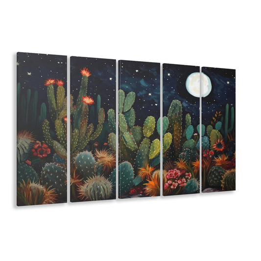 Mexican Cactus Night Over Sonoran Desert At Night Pueblo Style, 5 Panel B Canvas Print Wall Art, Extra Large Canvas