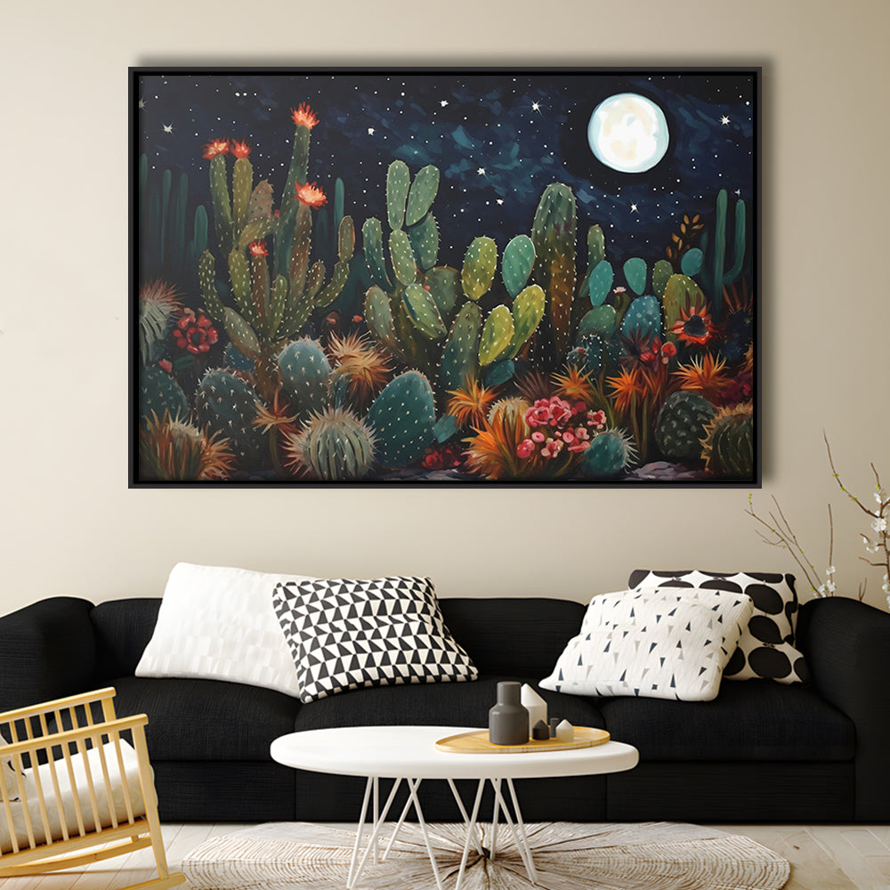 Mexican Cactus Night Over Sonoran Desert At Night Pueblo Style, Framed Canvas Print Wall Art, Floating Frame
