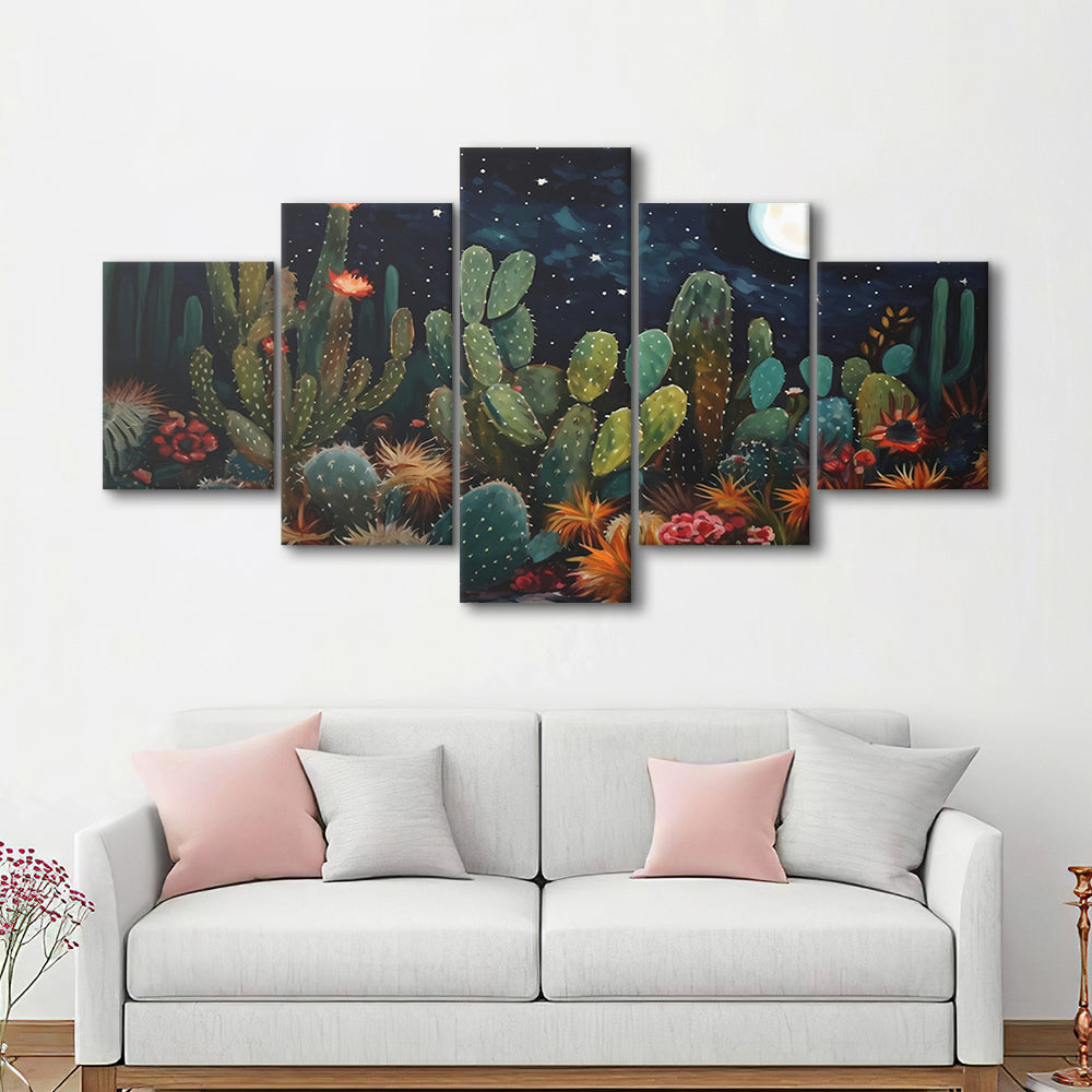 Mexican Cactus Night Over Sonoran Desert At Night Pueblo Style, 5 Panel Mixed Canvas Print Wall Art, Large Canvas
