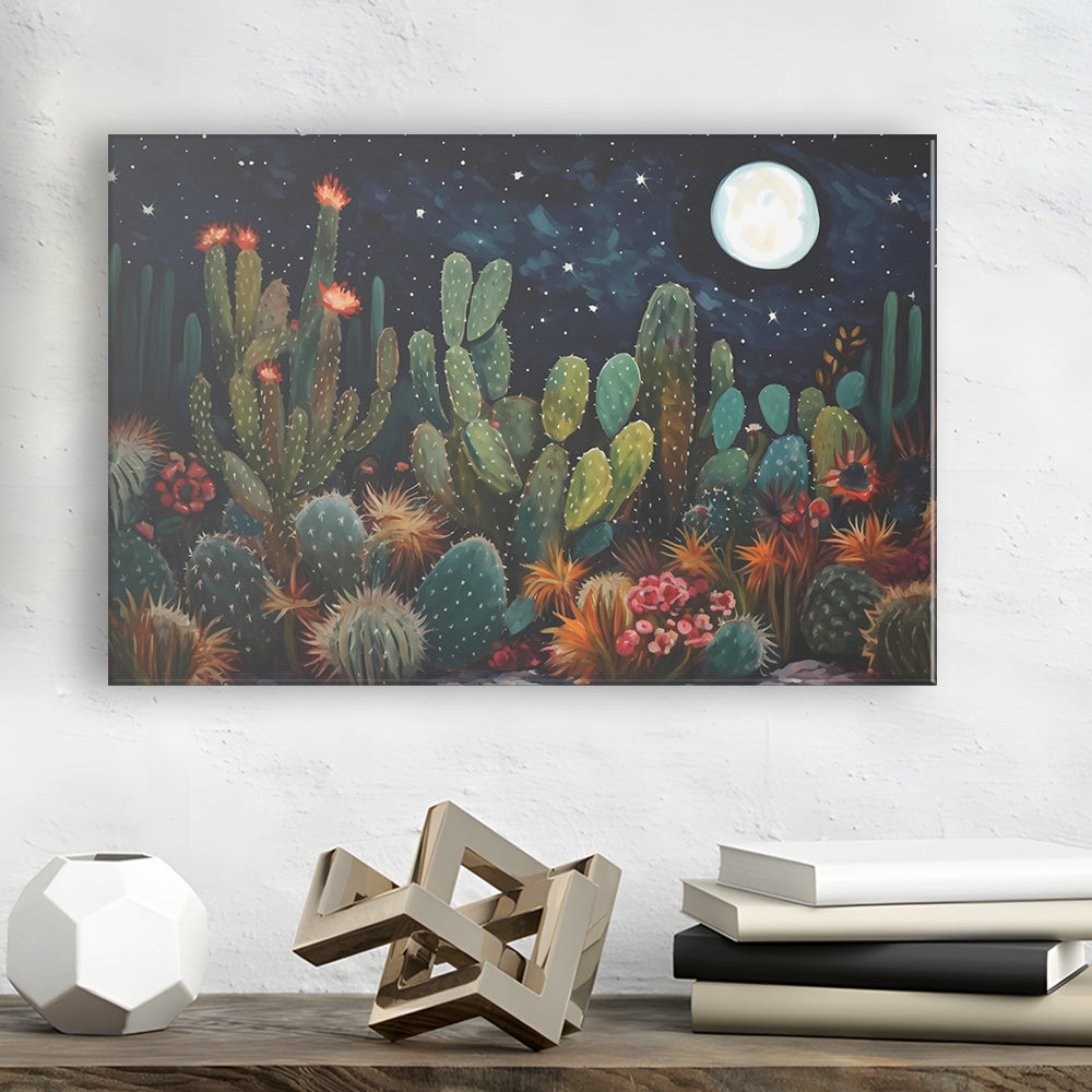 Mexican Cactus Night Over Sonoran Desert At Night Pueblo Style, Canvas Print Wall Art, Wall Decor, Painting Canvas