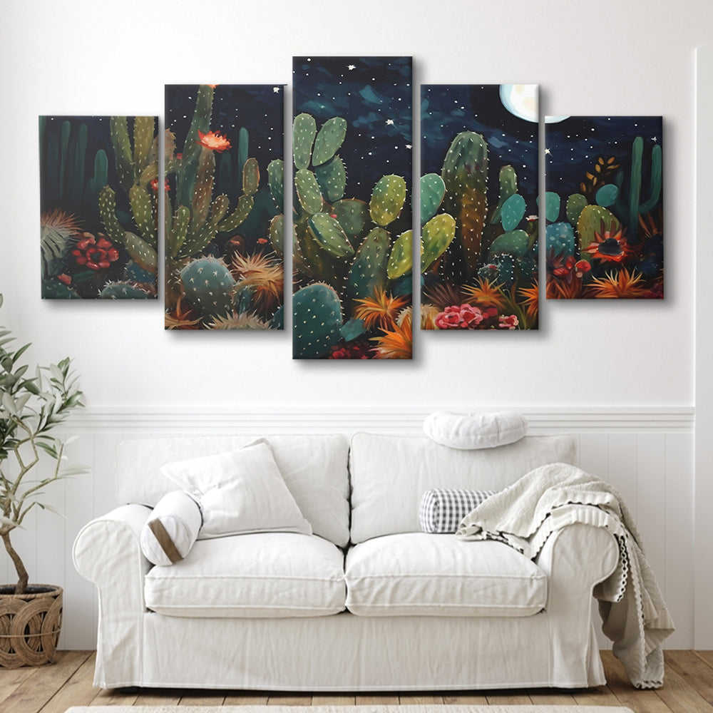 Mexican Cactus Night Over Sonoran Desert At Night Pueblo Style, 5 Panel Mixed Canvas Print Wall Art, Large Canvas