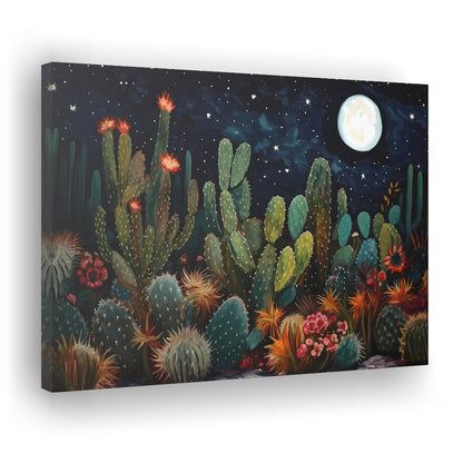 Mexican Cactus Night Over Sonoran Desert At Night Pueblo Style, Canvas Print Wall Art, Wall Decor, Painting Canvas