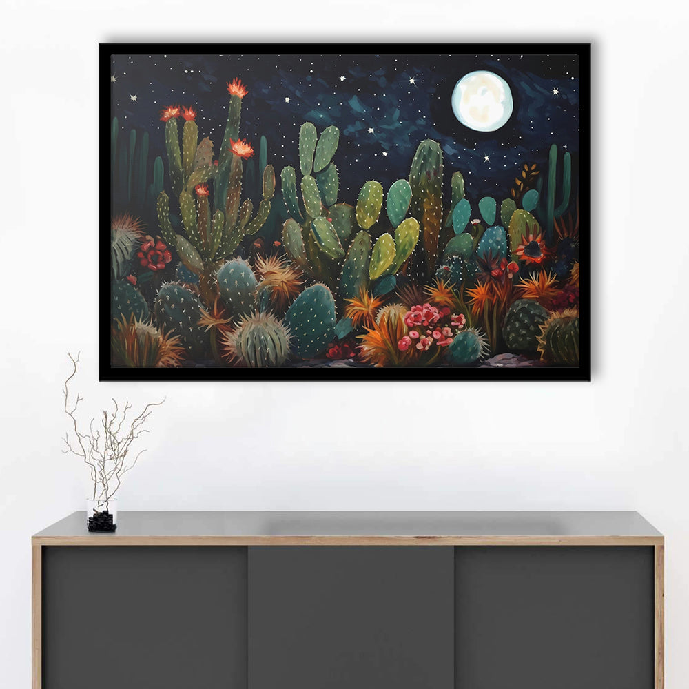 Mexican Cactus Night Over Sonoran Desert At Night Pueblo Style, Framed Art Print Wall Decor, Picture Framed