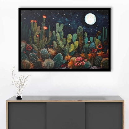 Mexican Cactus Night Over Sonoran Desert At Night Pueblo Style, Framed Art Print Wall Decor, Picture Framed