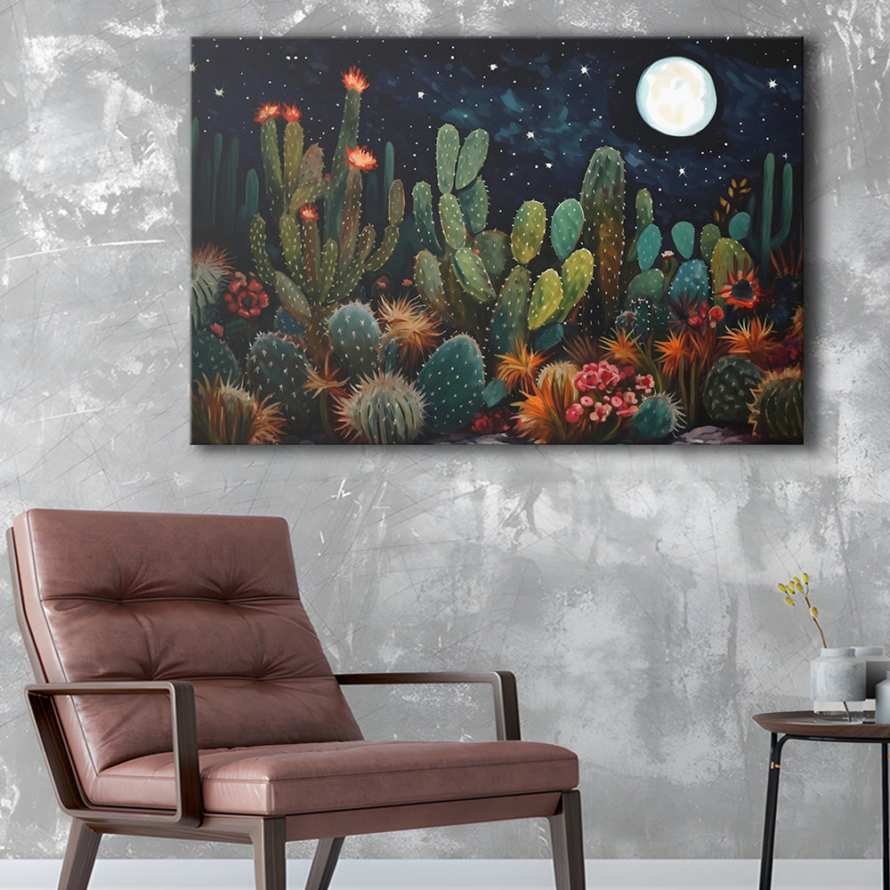 Mexican Cactus Night Over Sonoran Desert At Night Pueblo Style, Canvas Print Wall Art, Wall Decor, Painting Canvas
