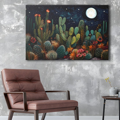 Mexican Cactus Night Over Sonoran Desert At Night Pueblo Style, Canvas Print Wall Art, Wall Decor, Painting Canvas