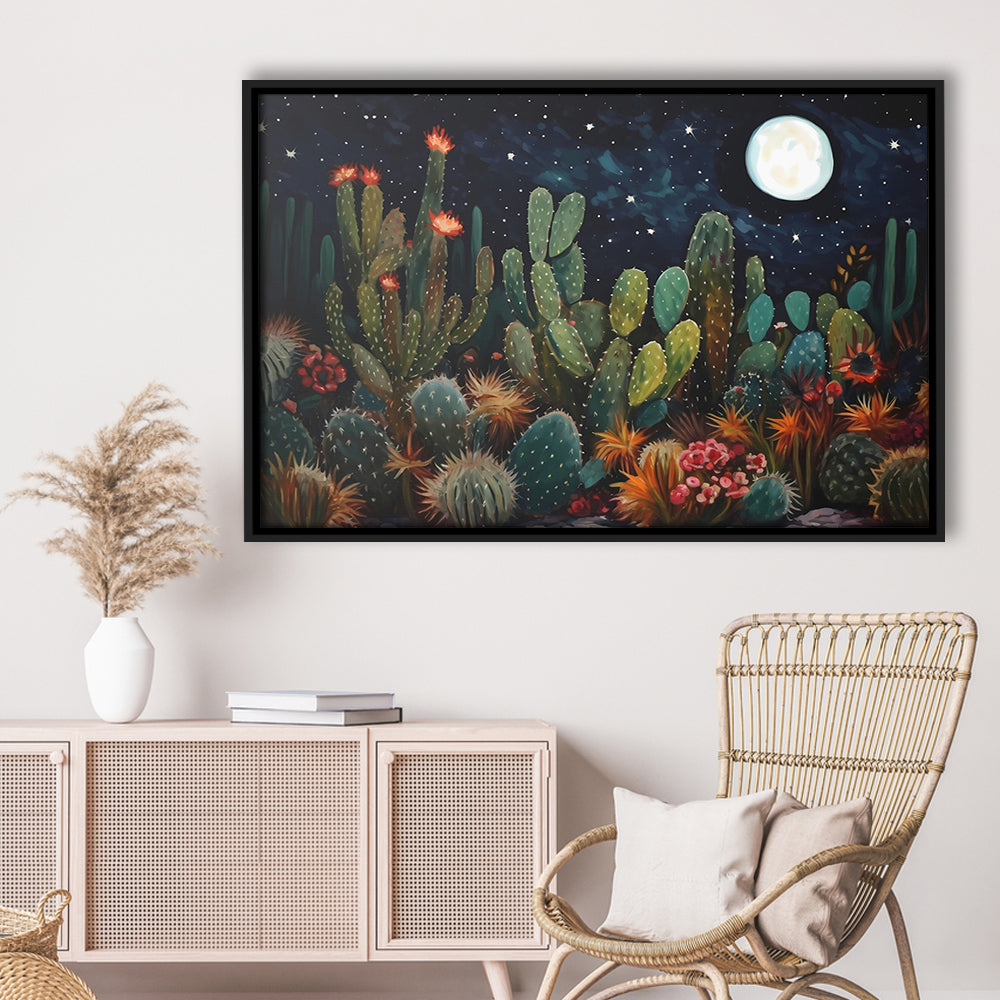 Mexican Cactus Night Over Sonoran Desert At Night Pueblo Style, Framed Canvas Print Wall Art, Floating Frame
