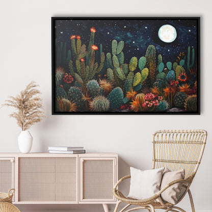Mexican Cactus Night Over Sonoran Desert At Night Pueblo Style, Framed Canvas Print Wall Art, Floating Frame
