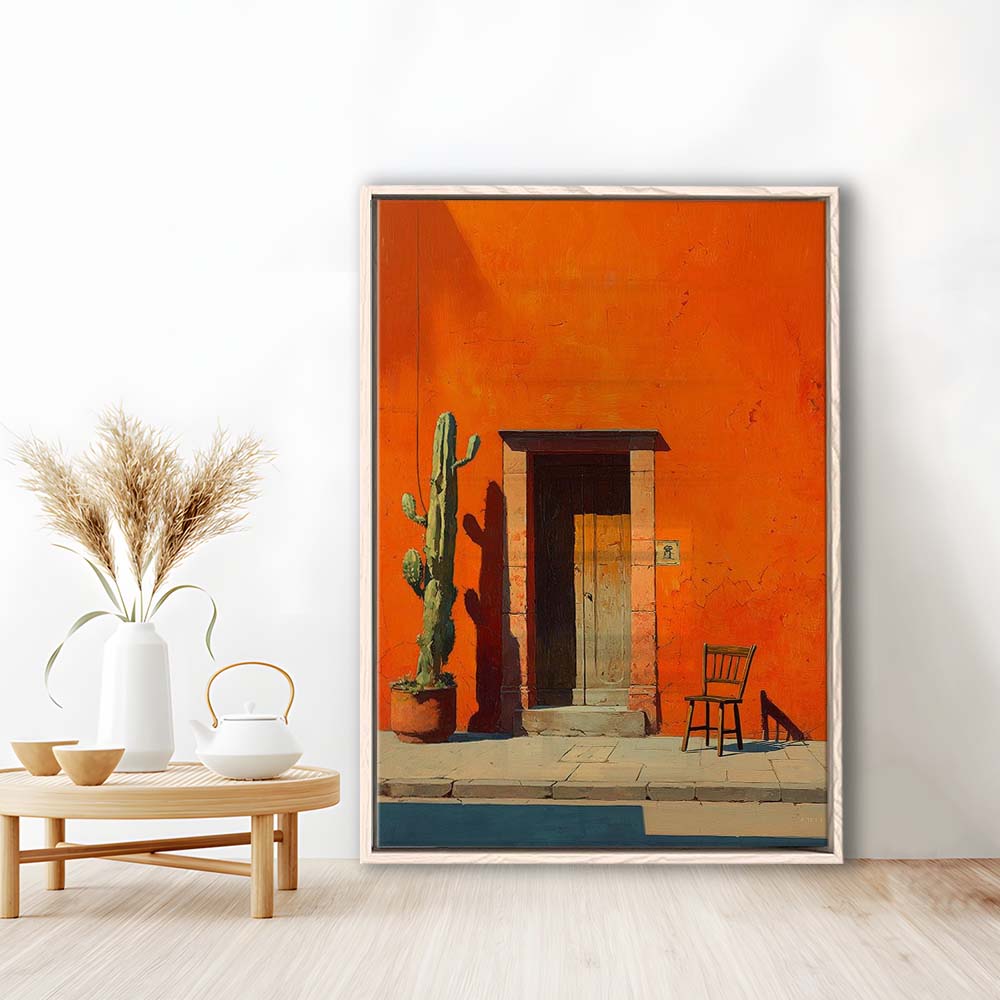 Mexican Wall Art Print, Cactus And Chair, Desert Boho Home Decor For Living Room, Cactus, Framed Canvas Print, Floating Frame
