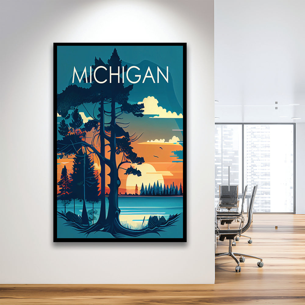 Michigan Retro Art Print, Michigan City Wall Art, Framed Art Print, Picture Framed, Painting Art