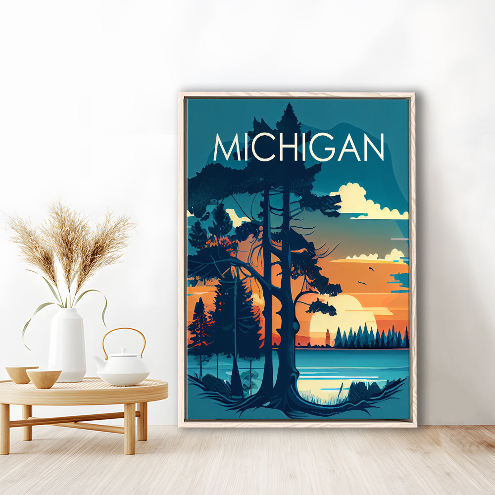 Michigan Retro Art Print, Michigan City Wall Art, Floating Framed Canvas Print, Framed Picture, Painting Canvas