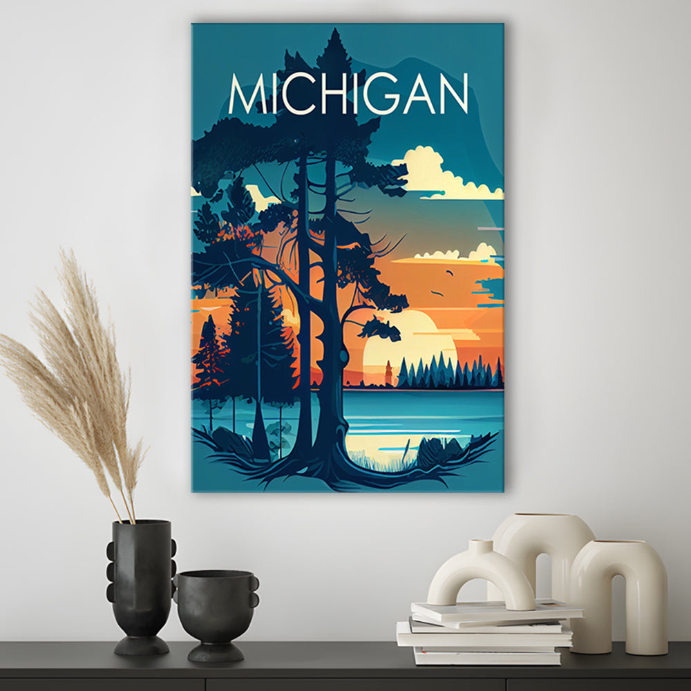 Michigan Retro Art Print, Michigan City Wall Art, Canvas Print, Painting Canvas, Living Room Decor