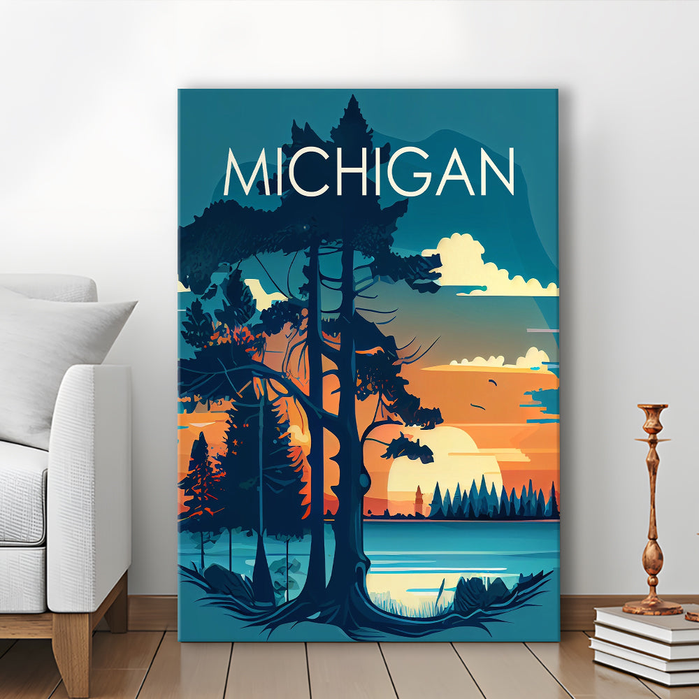 Michigan Retro Art Print, Michigan City Wall Art, Canvas Print, Painting Canvas, Living Room Decor
